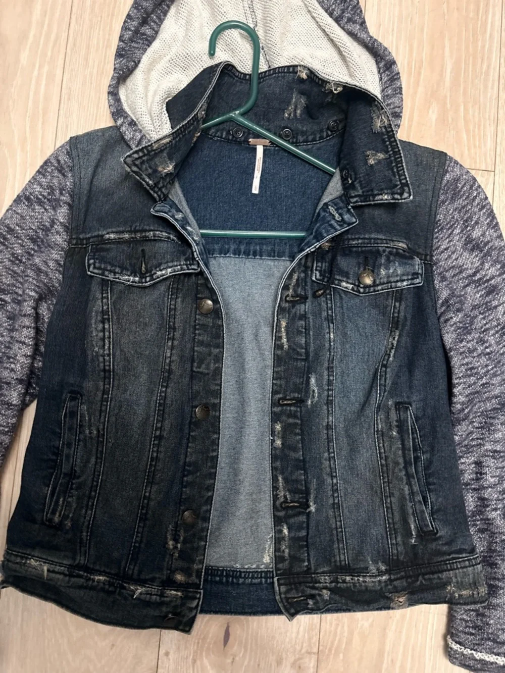 Free People Hooded Mixed-Media Jean Jacket in Dark Blue and Heather Gray - Picture 2 of 9